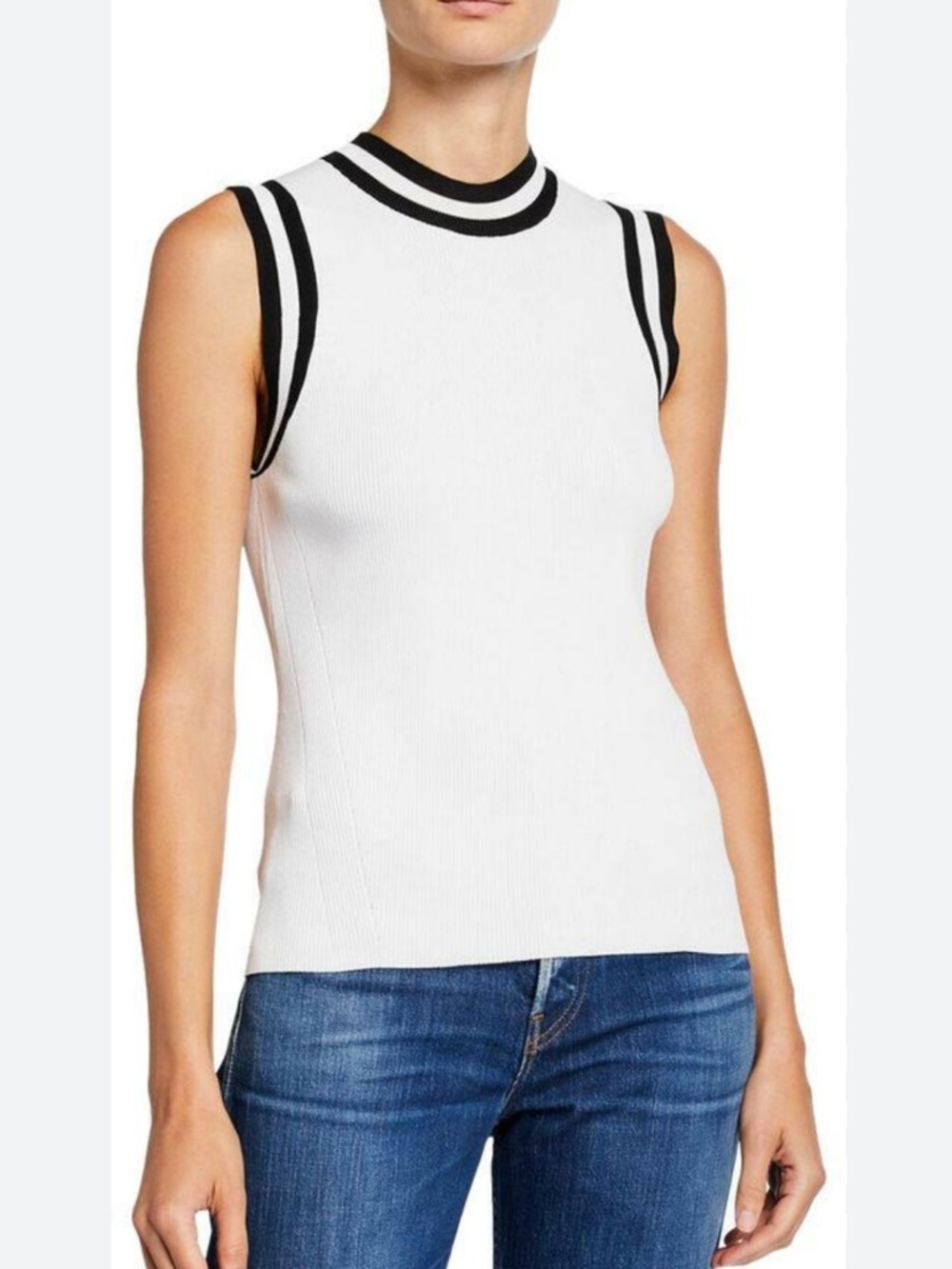 rag & bone White Ribbed Sleeveless Tank with Black Trim mock neck very stretchy